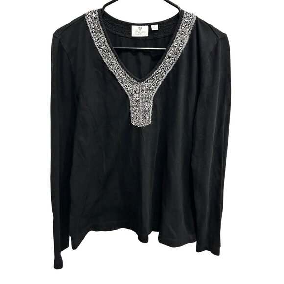 Chicos Black Long Sleeve Top With Silver Beaded V Neck Size Large - Picture 1 of 10